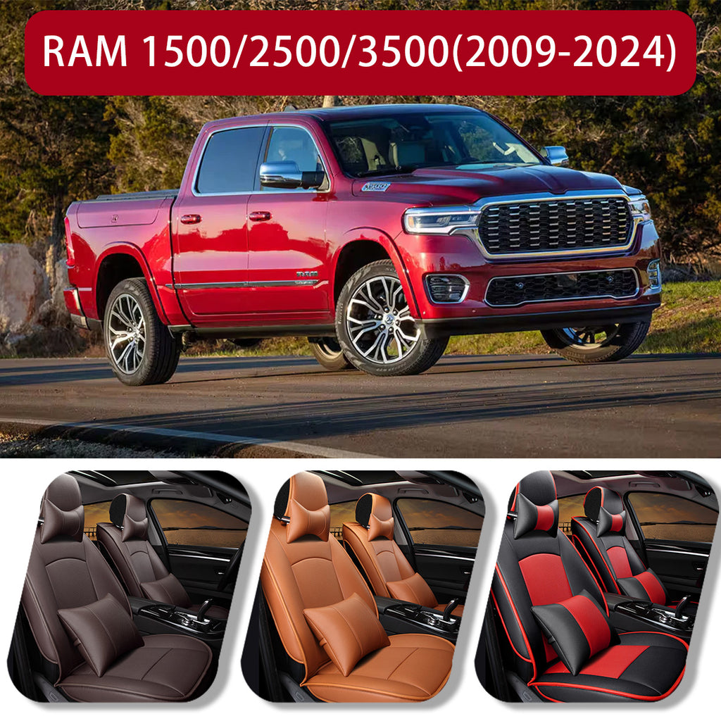 Premium Leather Car Seat Covers Full Set for Dodge Ram 1500 2500 3500 (2009–2025) With Airbag Safe, Easy Install