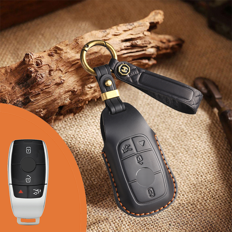 Mercedes-Benz Leather Key Fob Cover with Keychain – Full Protection for AMG, C, E, M, S, CLS, CLA, GLK, GLA, GLC, GLE Smart Key