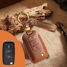 Load image into Gallery viewer, Genuine Leather Key Fob Cover for Volkswagen & Skoda – 3-5 Button Flip Key Pouch with Key Ring & Hook