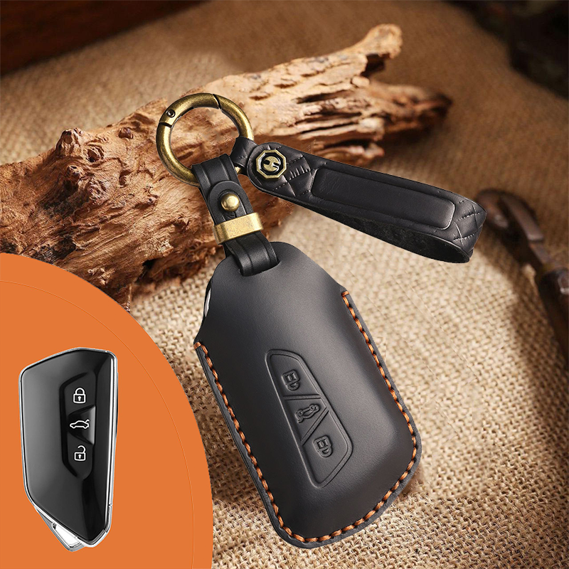 Genuine Leather Key Fob Cover for Volkswagen & Skoda – 3-5 Button Flip Key Pouch with Key Ring & Hook