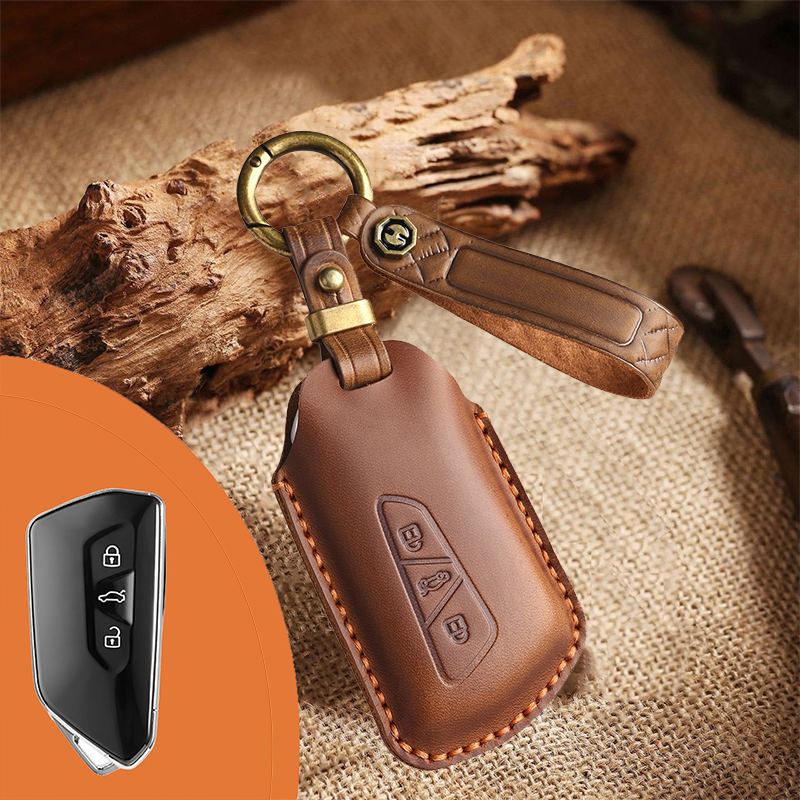 Genuine Leather Key Fob Cover for Volkswagen & Skoda – 3-5 Button Flip Key Pouch with Key Ring & Hook
