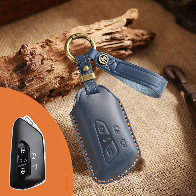 Genuine Leather Key Fob Cover for Volkswagen & Skoda – 3-5 Button Flip Key Pouch with Key Ring & Hook