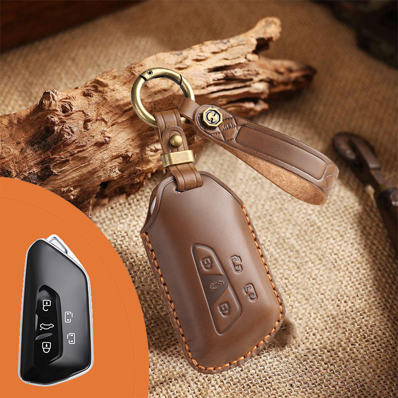 Genuine Leather Key Fob Cover for Volkswagen & Skoda – 3-5 Button Flip Key Pouch with Key Ring & Hook