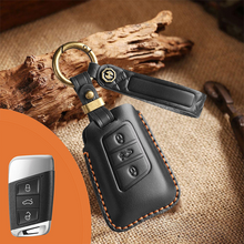 Load image into Gallery viewer, Genuine Leather Key Fob Cover for Volkswagen & Skoda – 3-5 Button Flip Key Pouch with Key Ring & Hook