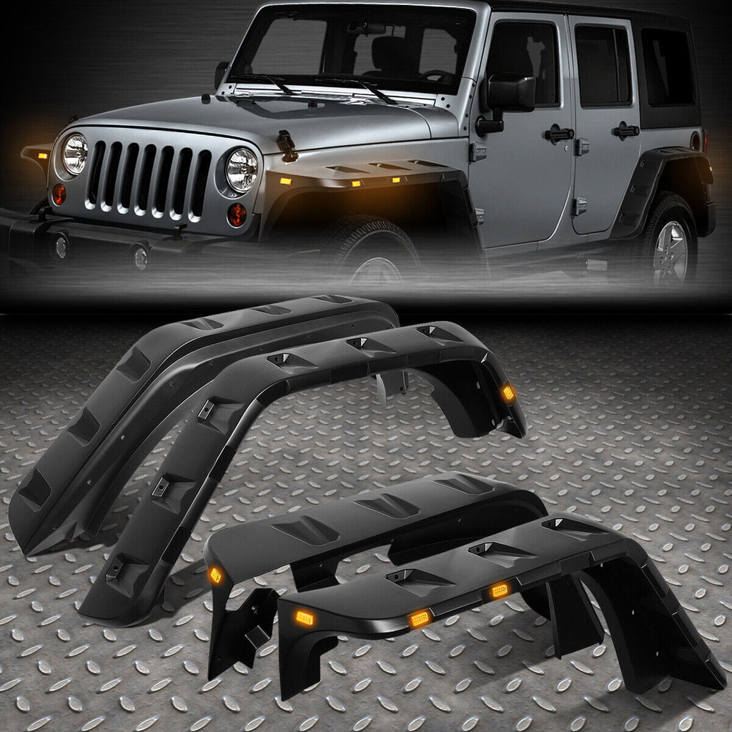 Front & Rear Fender Flares Kit for 2007-2018 Jeep Wrangler JK - Set of 4 with LED Lights
