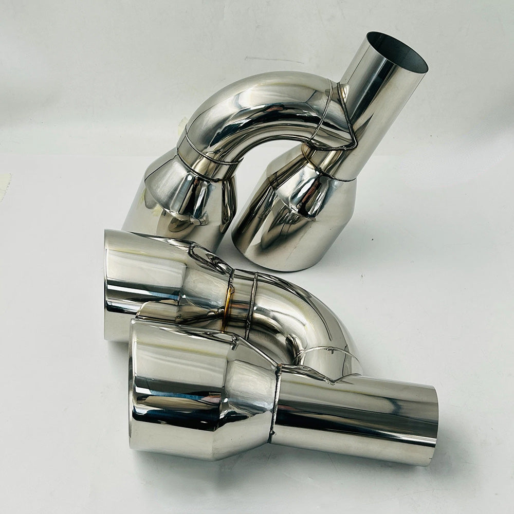 Dual 2.5" Inlet to Quad 4" Outlet H-type Exhaust Tips – Dual Wall, Slant Cut, Stainless Steel