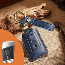 Load image into Gallery viewer, Genuine Leather Key Fob Cover for Volkswagen & Skoda – 3-5 Button Flip Key Pouch with Key Ring & Hook