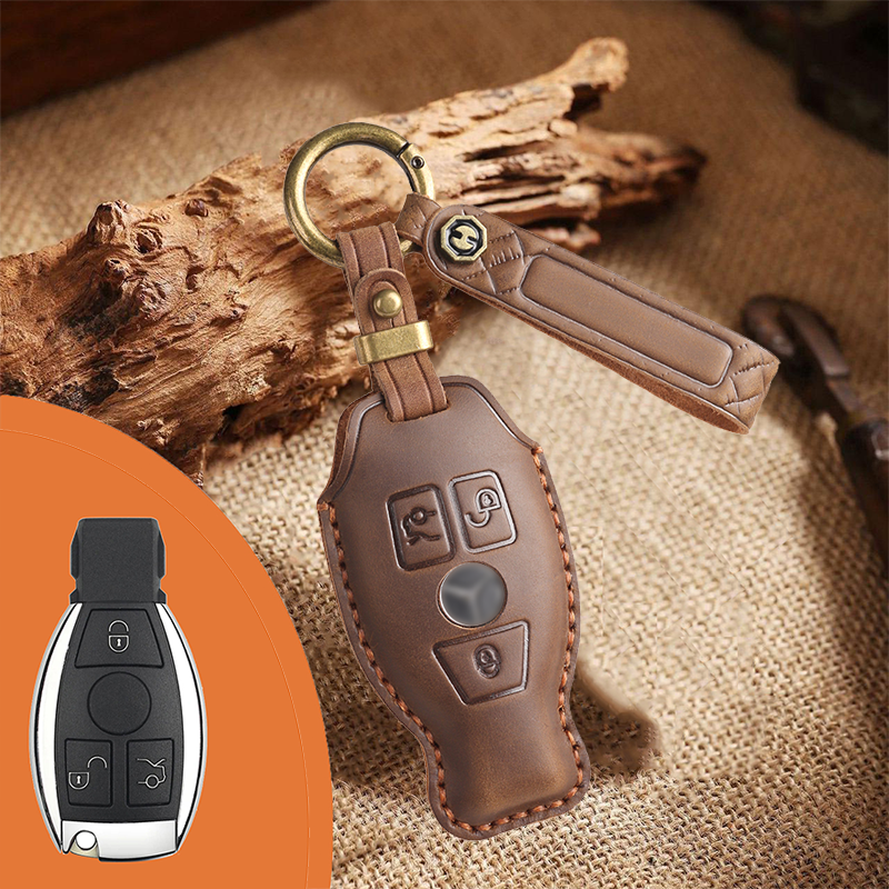 Mercedes-Benz Leather Key Fob Cover with Keychain – Full Protection for AMG, C, E, M, S, CLS, CLA, GLK, GLA, GLC, GLE Smart Key
