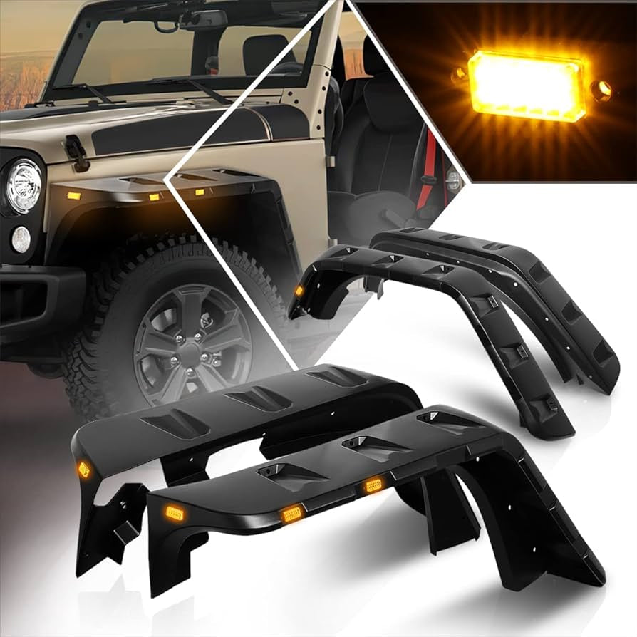 Front & Rear Fender Flares Kit for 2007-2018 Jeep Wrangler JK - Set of 4 with LED Lights