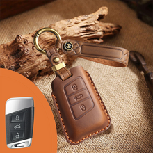 Load image into Gallery viewer, Genuine Leather Key Fob Cover for Volkswagen & Skoda – 3-5 Button Flip Key Pouch with Key Ring & Hook