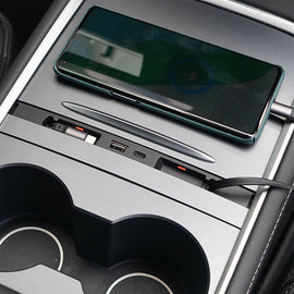 Car USB Charger Multi Port for Tesla Model 3/Y,Tesla USB hub 100% Fit Center Console Adapter,Multi Port Hidden Docking Station with Anti-Dust Sliding Lid and Fast Charge