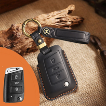 Load image into Gallery viewer, Genuine Leather Key Fob Cover for Volkswagen & Skoda – 3-5 Button Flip Key Pouch with Key Ring & Hook