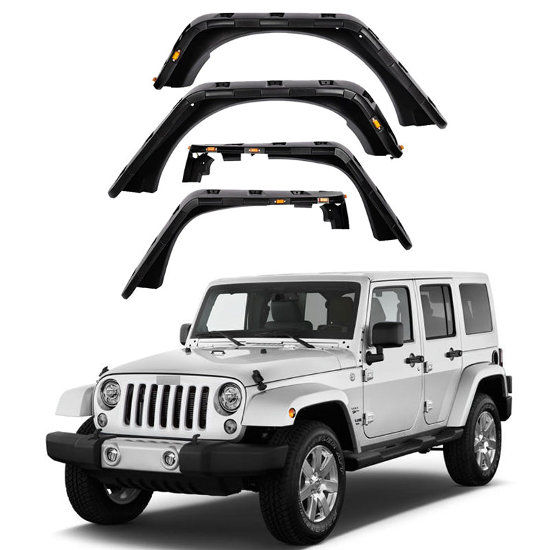 Front & Rear Fender Flares Kit for 2007-2018 Jeep Wrangler JK - Set of 4 with LED Lights