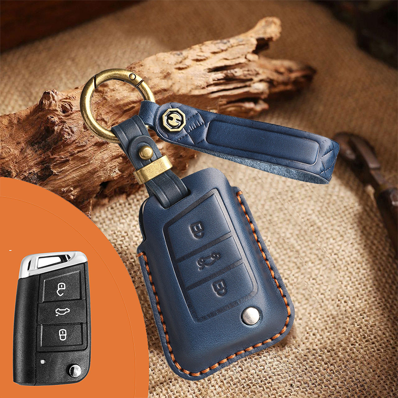 Genuine Leather Key Fob Cover for Volkswagen & Skoda – 3-5 Button Flip Key Pouch with Key Ring & Hook
