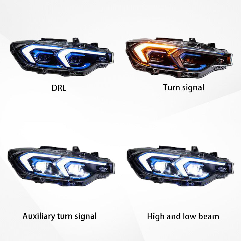 Applicable to 2013-2018 BMW 3 Series F30 LED Headlight Assembly Upgrade Version, Blue Frame Lens, Streamer Turn Signal