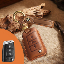 Load image into Gallery viewer, Genuine Leather Key Fob Cover for Volkswagen & Skoda – 3-5 Button Flip Key Pouch with Key Ring & Hook