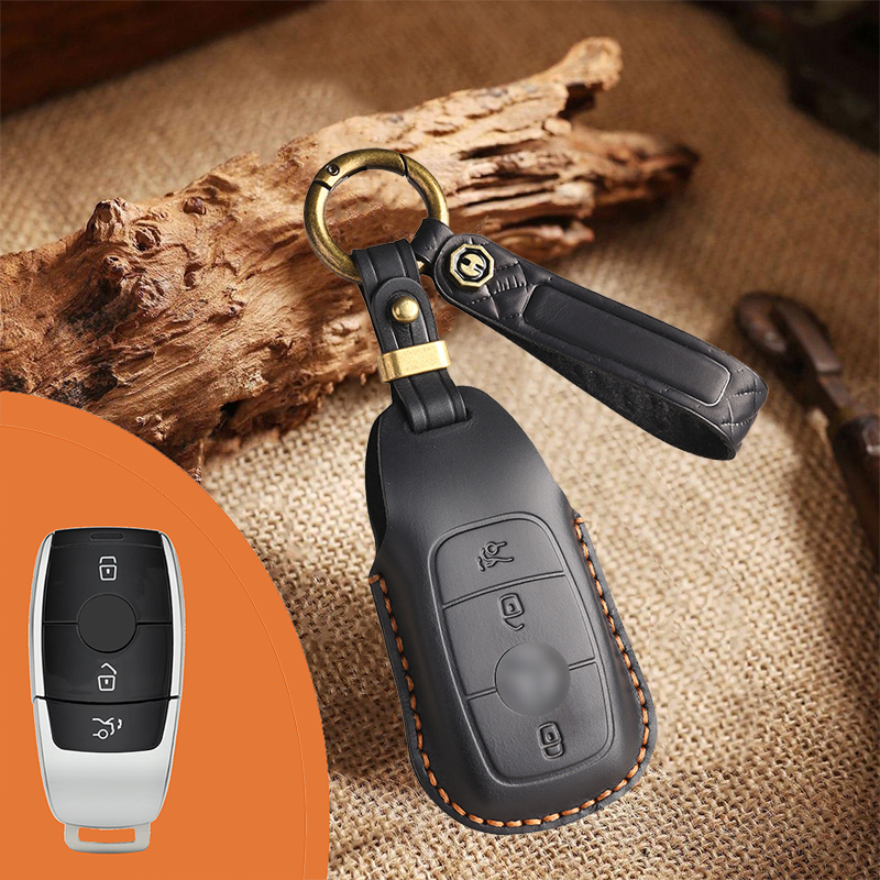 Mercedes-Benz Leather Key Fob Cover with Keychain – Full Protection for AMG, C, E, M, S, CLS, CLA, GLK, GLA, GLC, GLE Smart Key