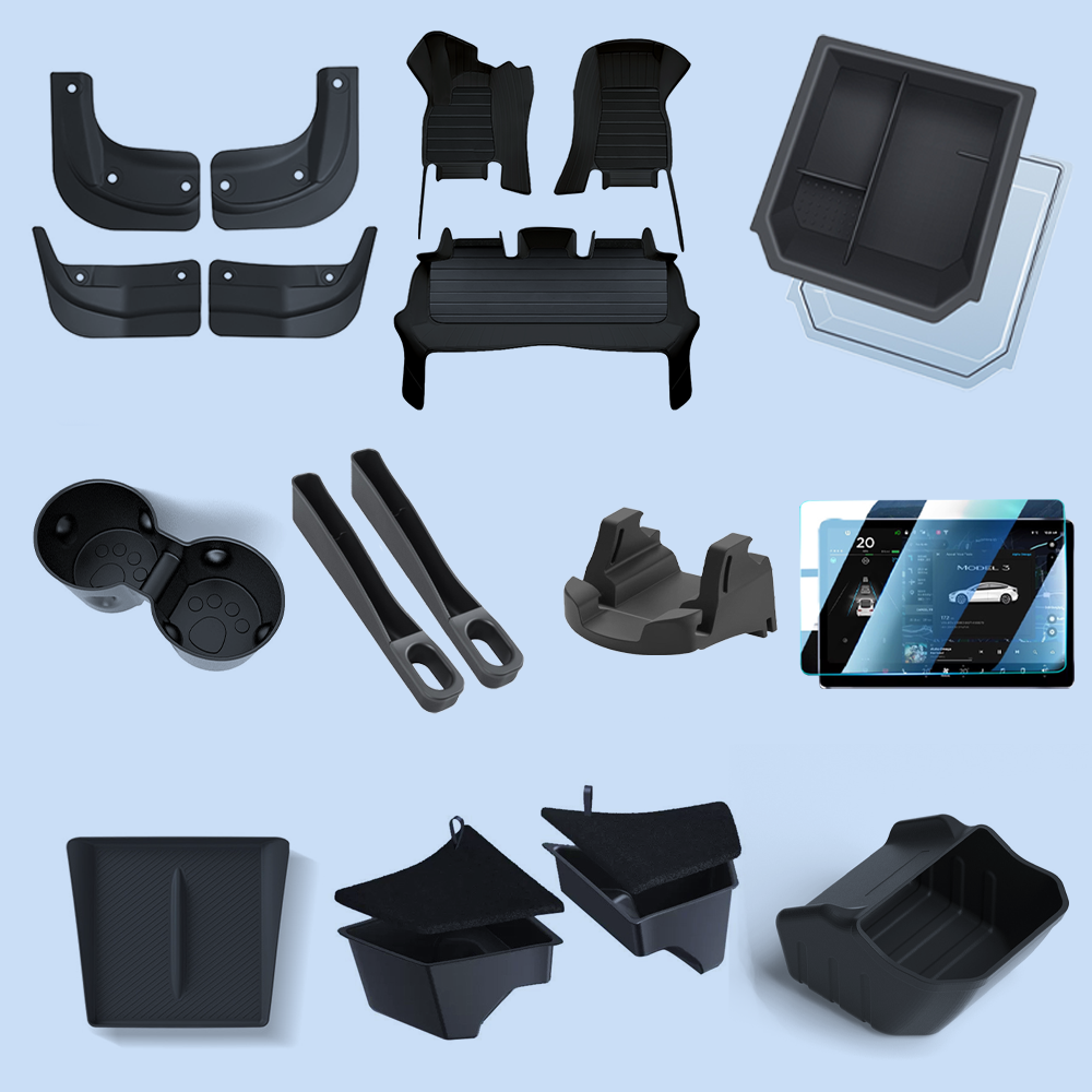 Tesla Model 3/Y Custom Storage Organizer 10-Piece Set - Highland/Juniper Floor Mats+Trunk Bucket+Phone Holder