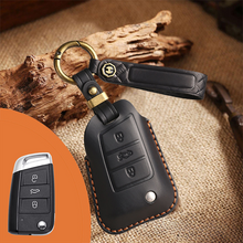 Load image into Gallery viewer, Genuine Leather Key Fob Cover for Volkswagen & Skoda – 3-5 Button Flip Key Pouch with Key Ring & Hook