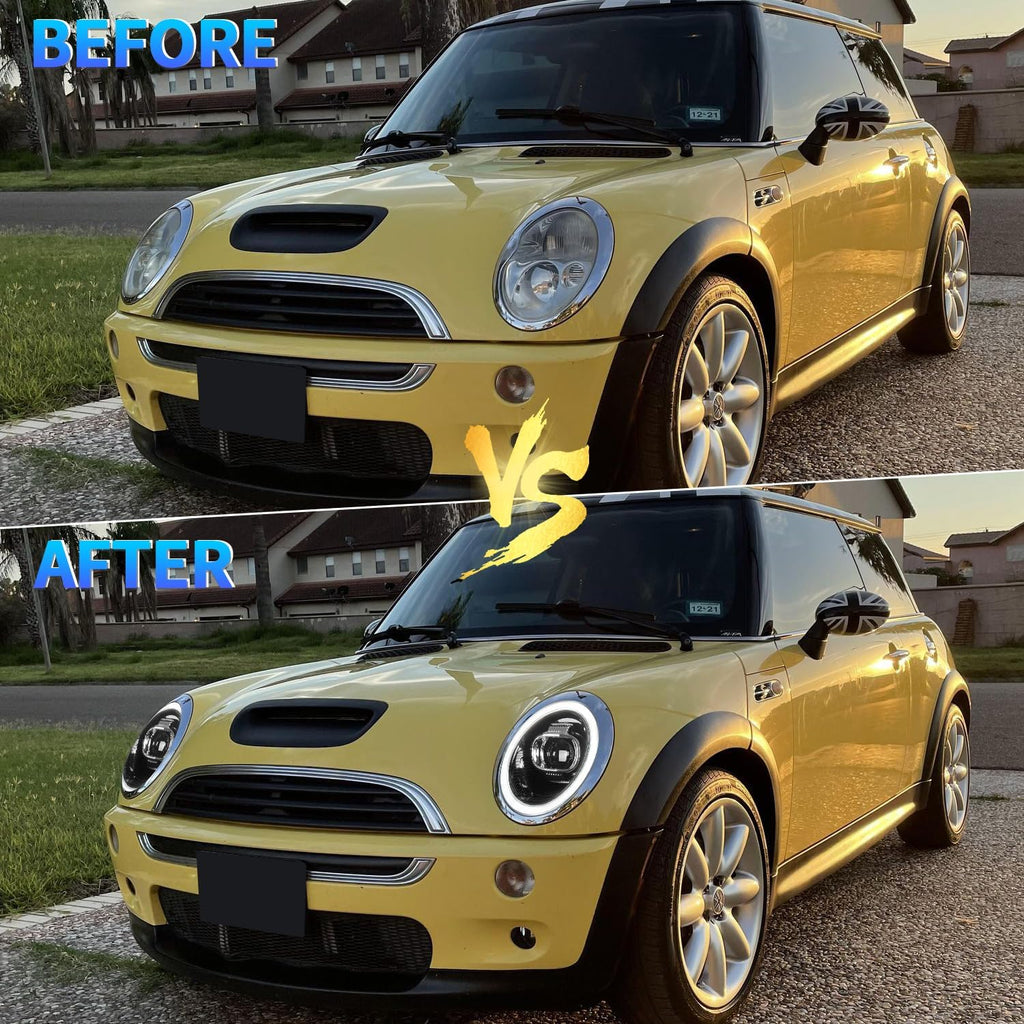 Compatible LED Projector Headlights for Mini Cooper R50 R52 R53 2001–2007 with Sequential Turn Signals and Dynamic DRL