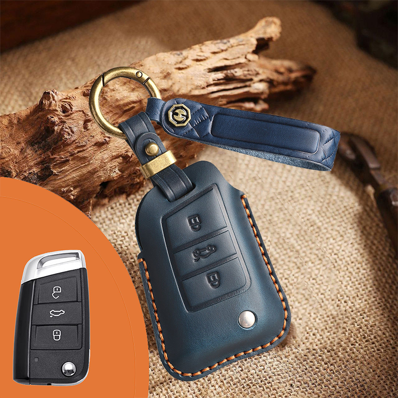 Genuine Leather Key Fob Cover for Volkswagen & Skoda – 3-5 Button Flip Key Pouch with Key Ring & Hook