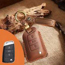 Load image into Gallery viewer, Genuine Leather Key Fob Cover for Volkswagen & Skoda – 3-5 Button Flip Key Pouch with Key Ring & Hook