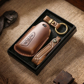 Genuine Leather Key Fob Cover for Volkswagen & Skoda – 3-5 Button Flip Key Pouch with Key Ring & Hook