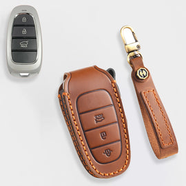 Genuine Leather Key Fob Cover for Hyundai Sonata, Santa Fe, Tucson, Palisade, - 3/4/5/6/7 Button Protective Case