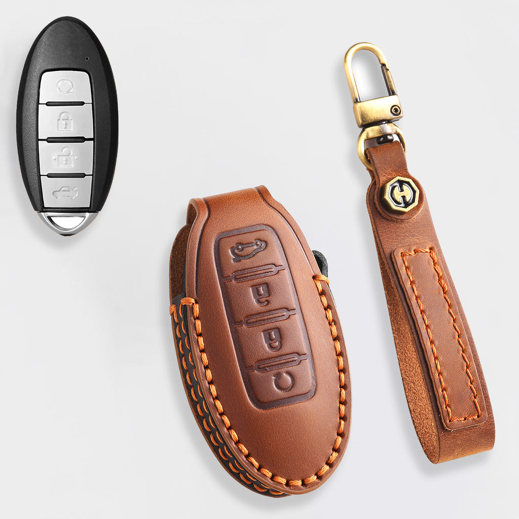 Genuine Leather Key Fob Cover for Nissan X-Trail, Qashqai, Tiida, Altima, and Sylphy (3-5 Button)