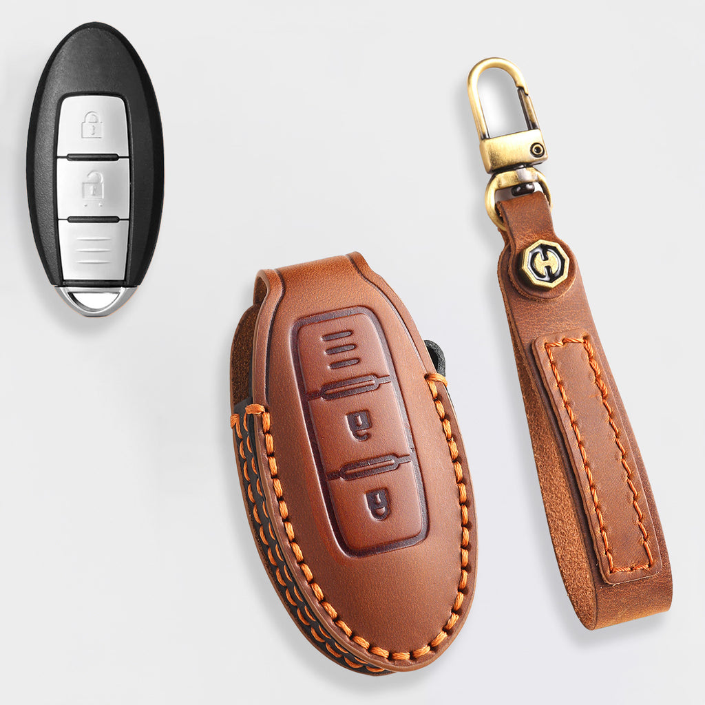 Genuine Leather Key Fob Cover for Nissan X-Trail, Qashqai, Tiida, Altima, and Sylphy (3-5 Button)