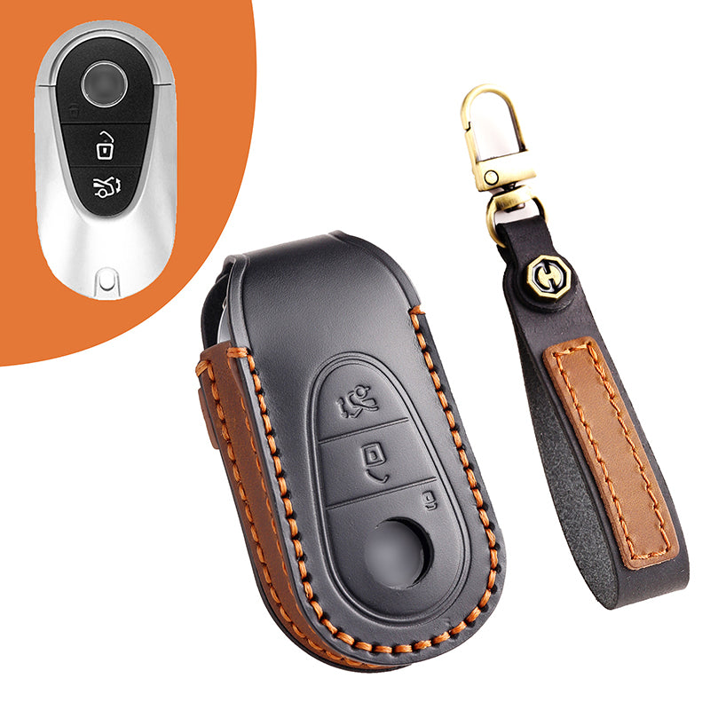 Genuine Leather Key Fob Cover for Mercedes-Benz C-Class, G-Class, E-Class, GLK, R350, GL, and GLC Models