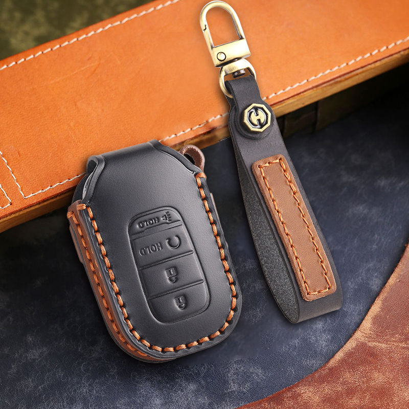 Genuine Leather Key Fob Cover for Honda Accord, Civic, CR-V, HR-V, and Pilot Models