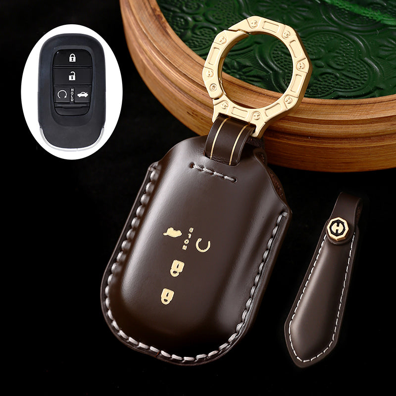 High-End Leather Car Key Cover Compatible with Honda Accord, Civic, CR-V, HR-V, Odyssey, etc. (2, 3, 4, 5, or 6-Button Smart Key Cover)