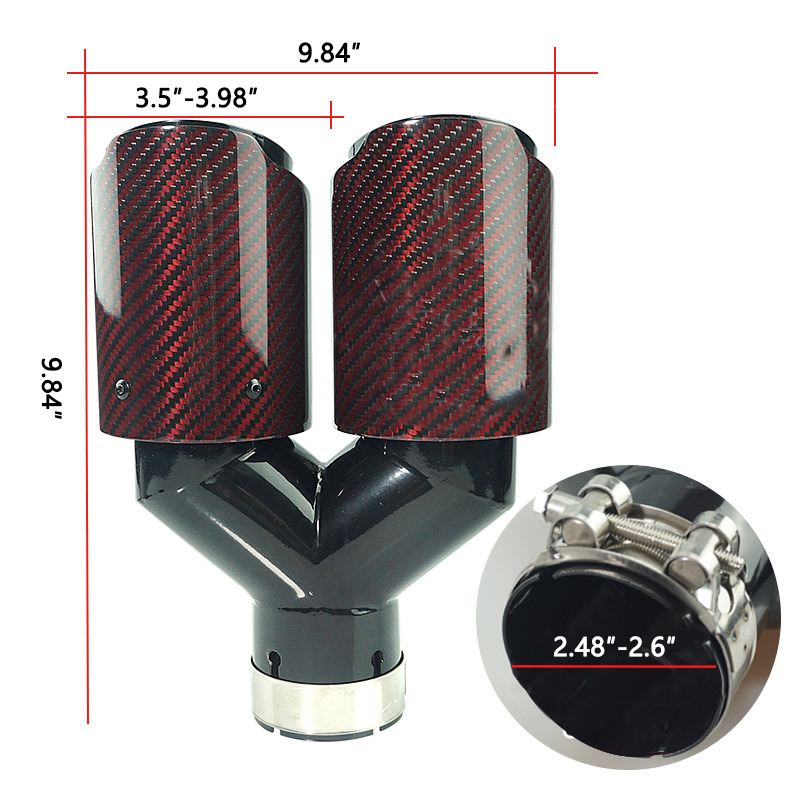 Red Carbon Fiber Glossy Y-Shaped Muffler Tips - 2.6″ IN/3.98″ OUT - Universal Fit