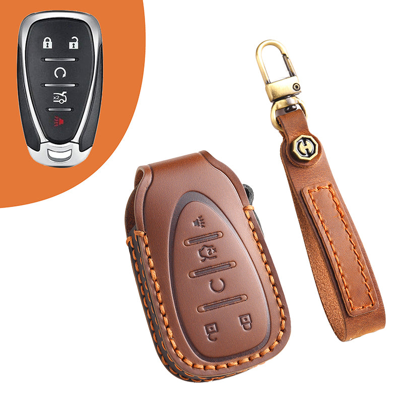 Genuine Leather Key Fob Cover for Chevrolet Colorado, Silverado & GMC Pickup (3-6 Buttons)