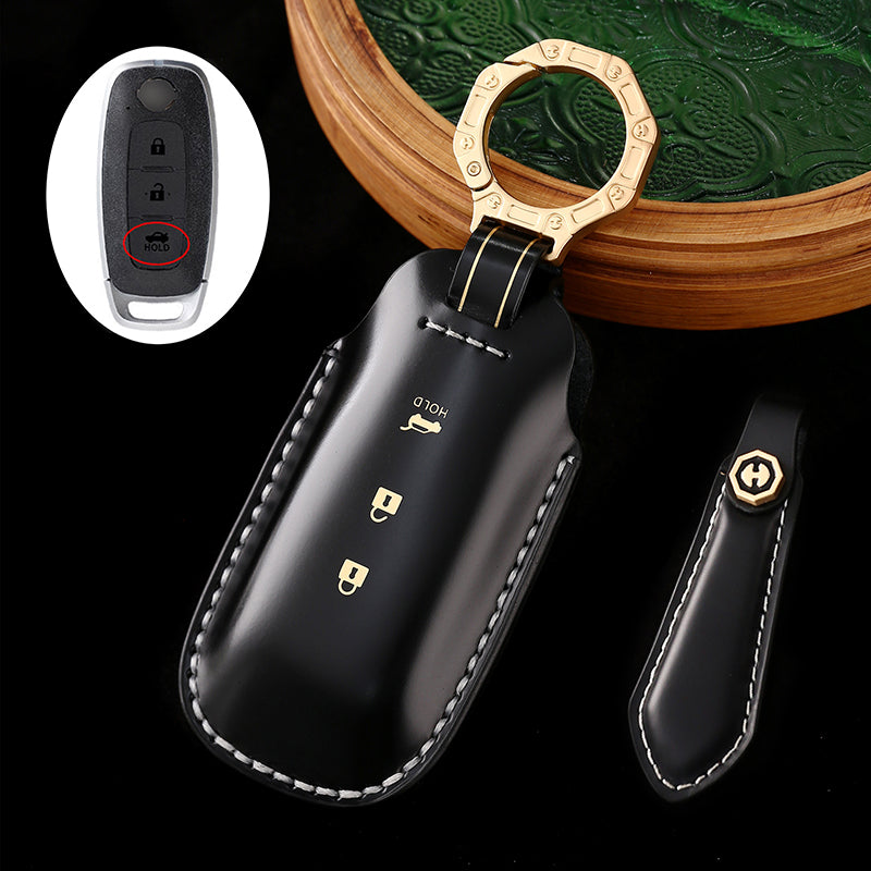 Genuine Cowhide Leather Key Fob Cover with Keychain, Compatible with Nissan Models: Sylphy, Rogue, Pathfinder, X-Trail, Versa, Kicks, Ariya, Qashqai, and Teana