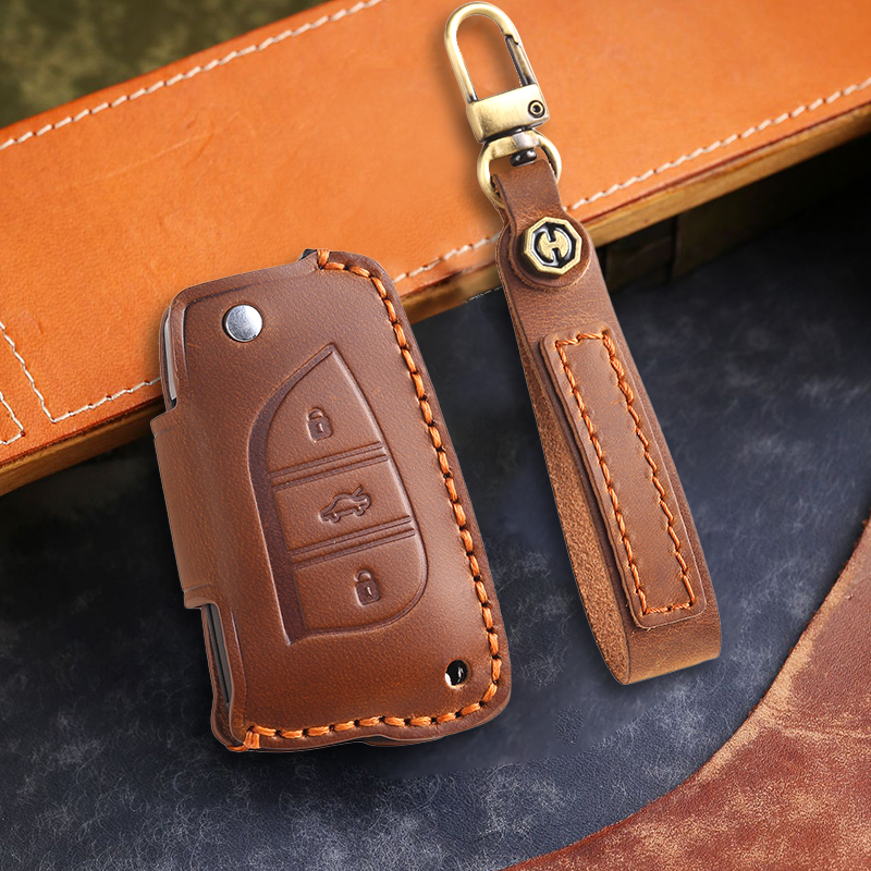 Genuine Leather Key Fob Cover for Toyota Camry, RAV4, and Highlander Models