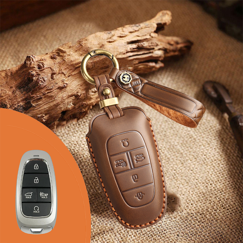 Genuine Leather Key Fob Cover for Hyundai 3-7 Button