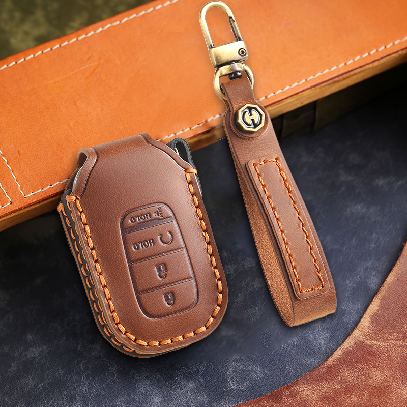 Genuine Leather Key Fob Cover for Honda Accord, Civic, CR-V, HR-V, and Pilot Models