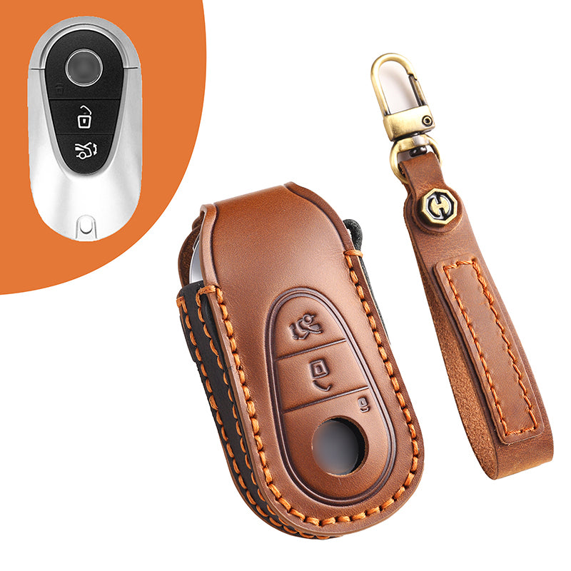 Genuine Leather Key Fob Cover for Mercedes-Benz C-Class, G-Class, E-Class, GLK, R350, GL, and GLC Models