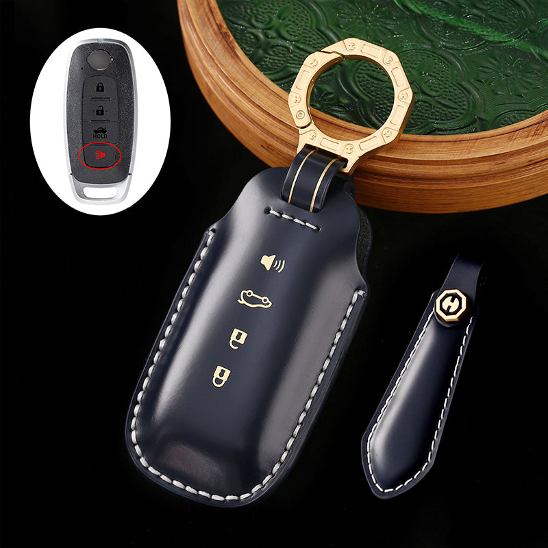 Genuine Cowhide Leather Key Fob Cover with Keychain, Compatible with Nissan Models: Sylphy, Rogue, Pathfinder, X-Trail, Versa, Kicks, Ariya, Qashqai, and Teana