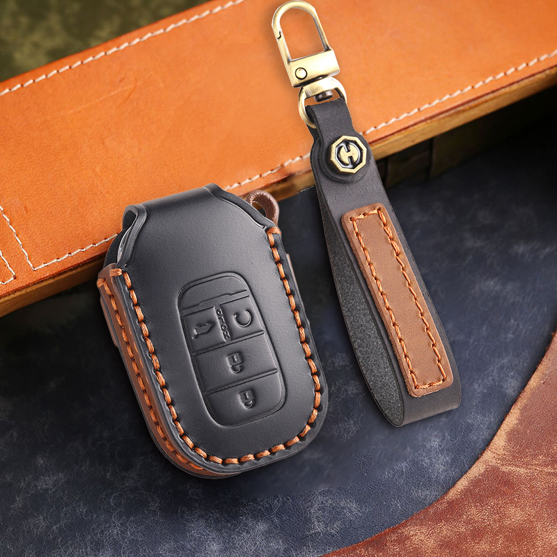 Genuine Leather Key Fob Cover for Honda Accord, Civic, CR-V, HR-V, and Pilot Models