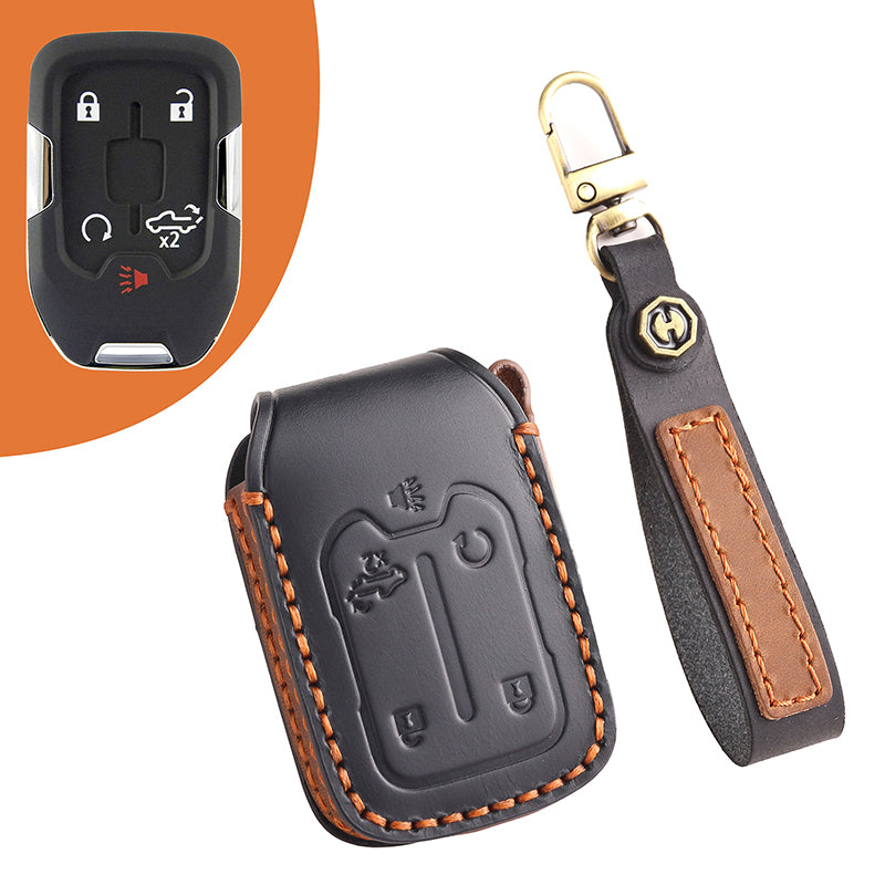 Genuine Leather Key Fob Cover for Chevrolet Colorado, Silverado & GMC Pickup (3-6 Buttons)