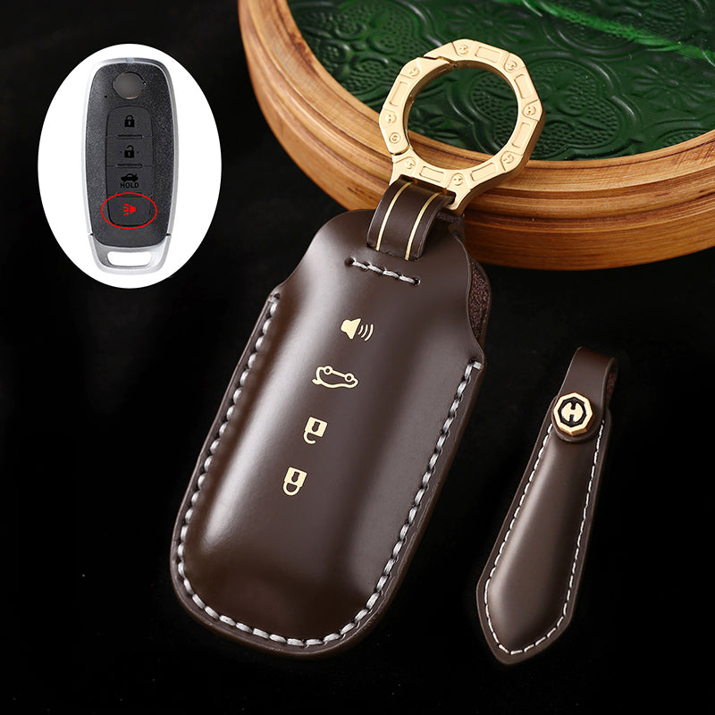 Genuine Cowhide Leather Key Fob Cover with Keychain, Compatible with Nissan Models: Sylphy, Rogue, Pathfinder, X-Trail, Versa, Kicks, Ariya, Qashqai, and Teana