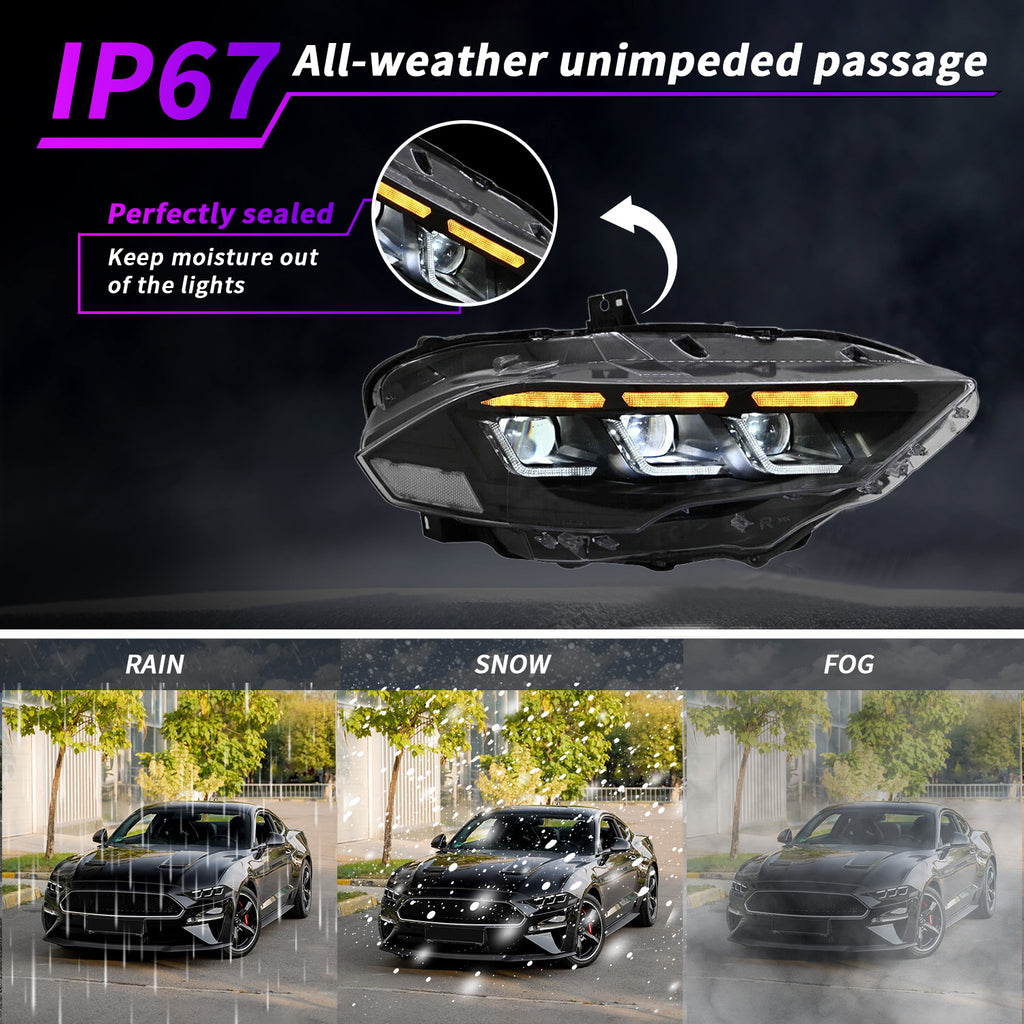 For 2018–2023 Ford Mustang LED Headlights – S650 Style Triple Beam Projector Lamp Assembly (Pair)