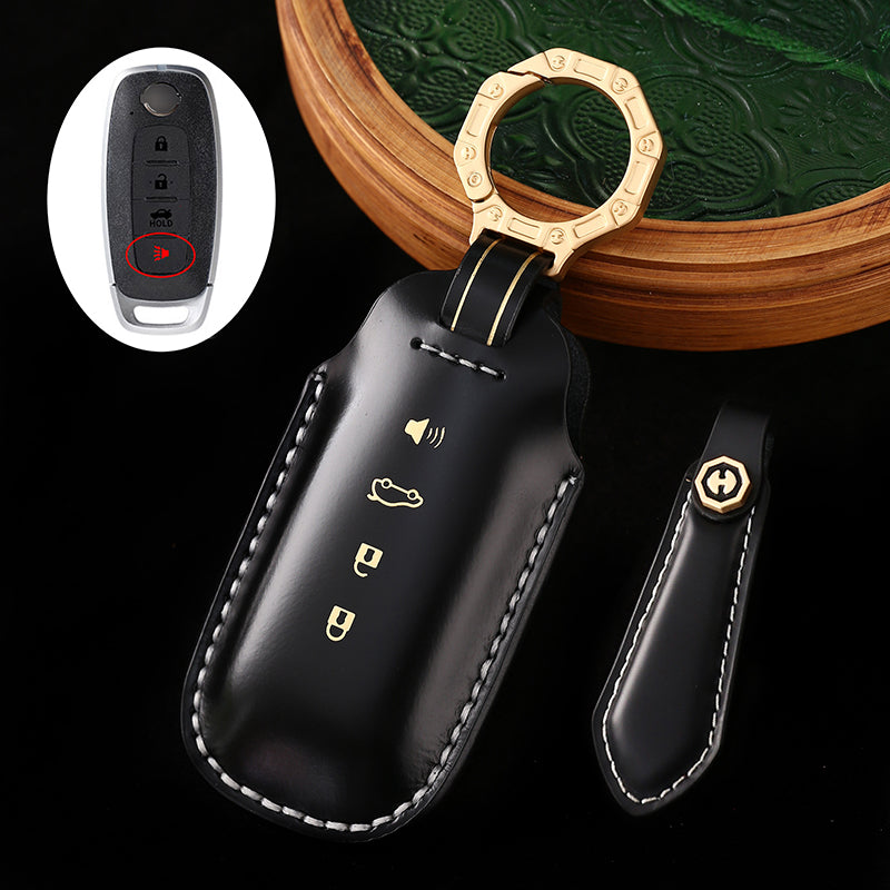 Genuine Cowhide Leather Key Fob Cover with Keychain, Compatible with Nissan Models: Sylphy, Rogue, Pathfinder, X-Trail, Versa, Kicks, Ariya, Qashqai, and Teana