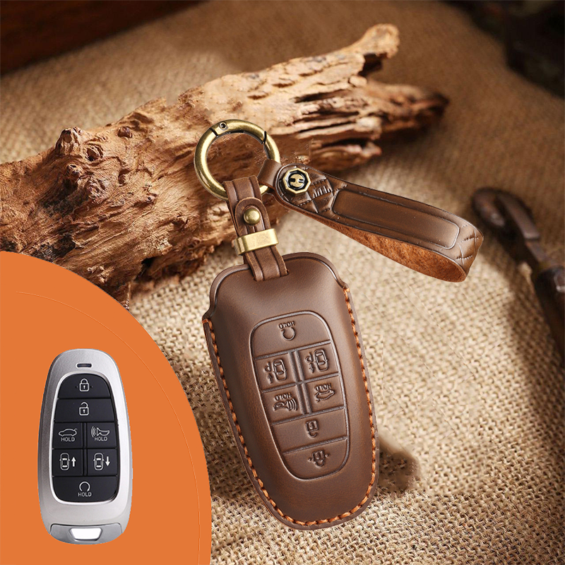 Genuine Leather Key Fob Cover for Hyundai 3-7 Button