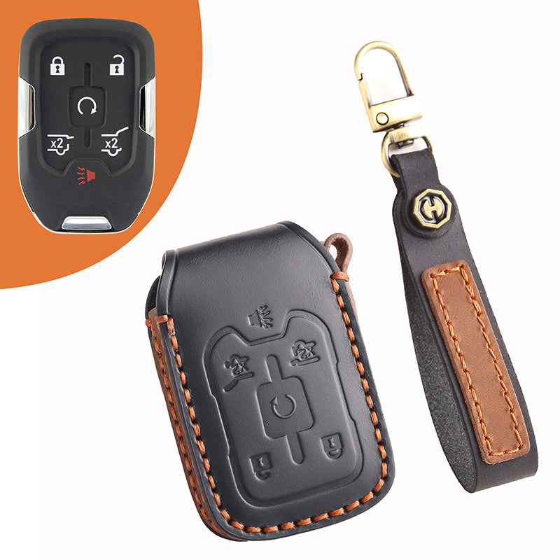 Genuine Leather Key Fob Cover for Chevrolet Colorado, Silverado & GMC Pickup (3-6 Buttons)