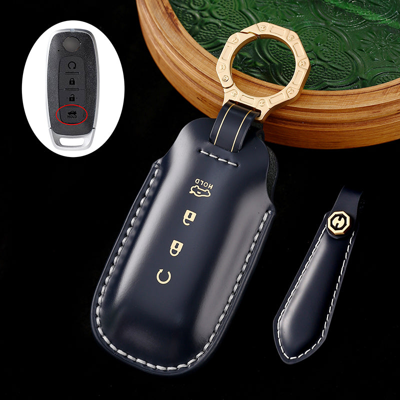 Genuine Cowhide Leather Key Fob Cover with Keychain, Compatible with Nissan Models: Sylphy, Rogue, Pathfinder, X-Trail, Versa, Kicks, Ariya, Qashqai, and Teana