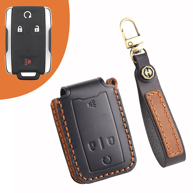 Genuine Leather Key Fob Cover for Chevrolet Colorado, Silverado & GMC Pickup (3-6 Buttons)